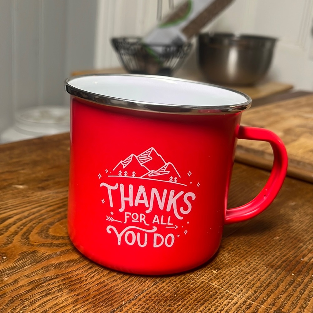Happy holidays, coffee mug, metal still in the box
